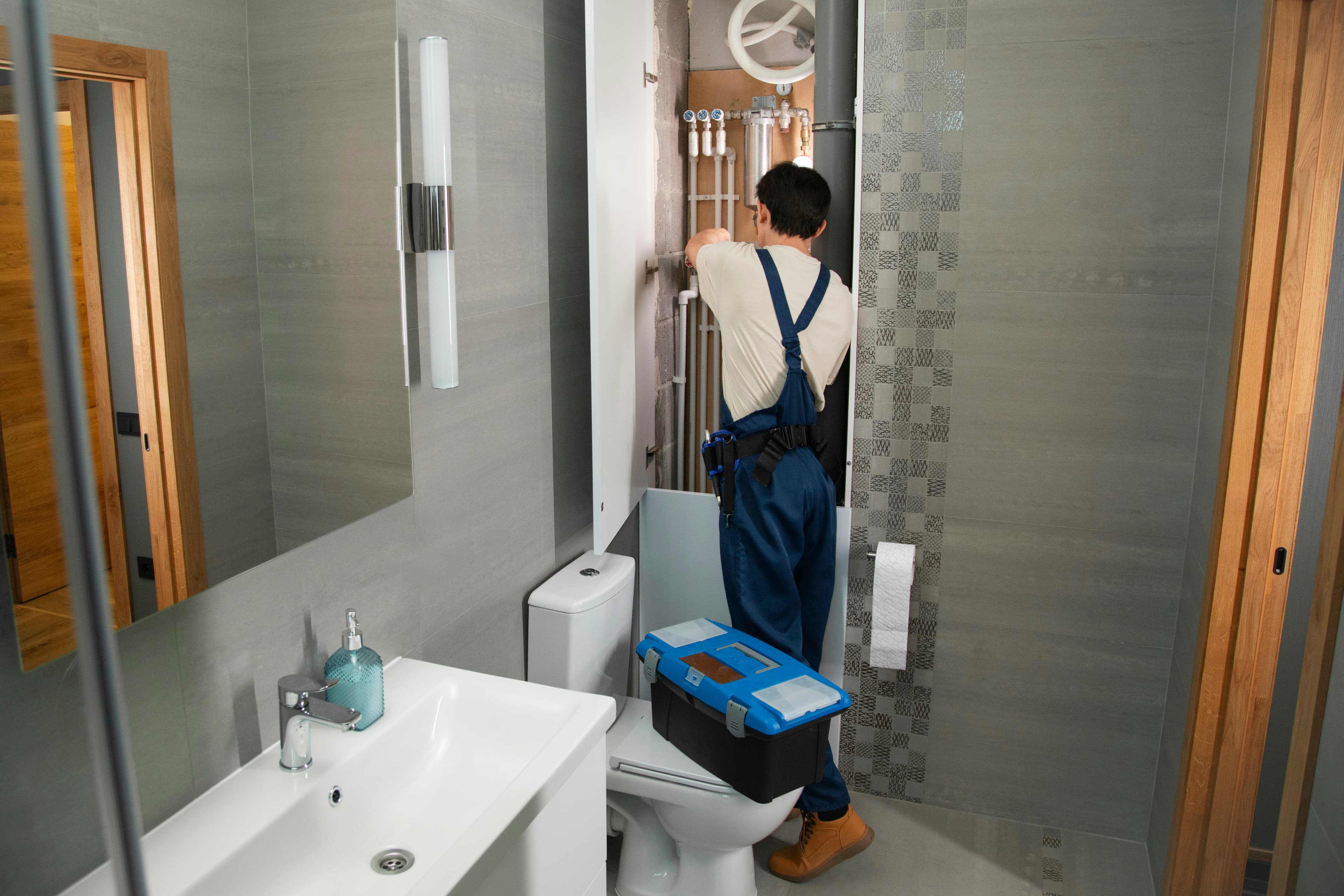 A plumber repairing a pipe fixture in a bathroom